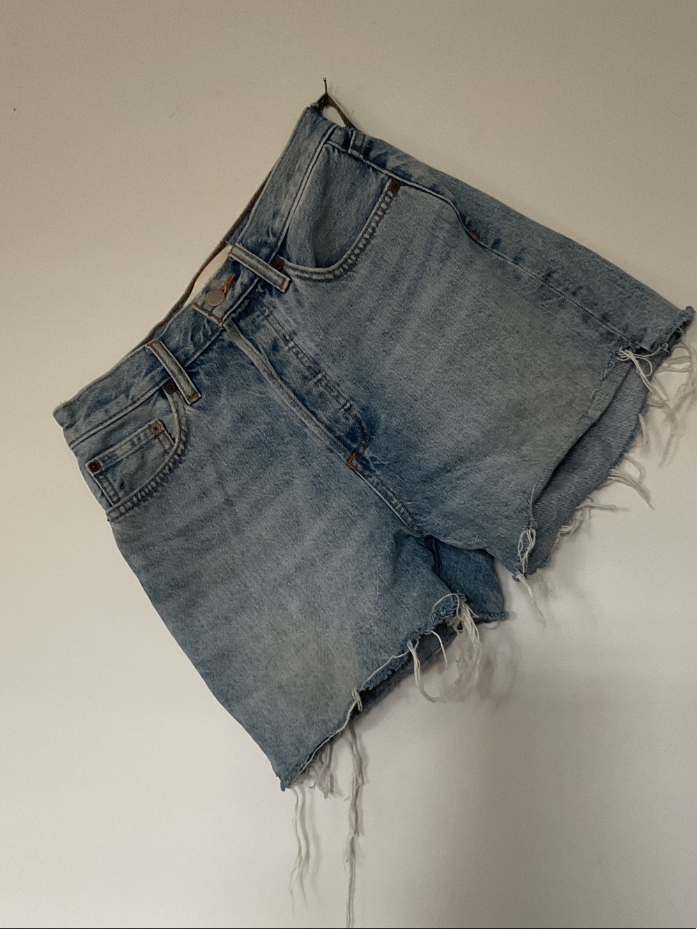 Denim Forum Light Blue High-Rise Cutoff Jean Shorts “The Yoko Mid Thigh Shirts”